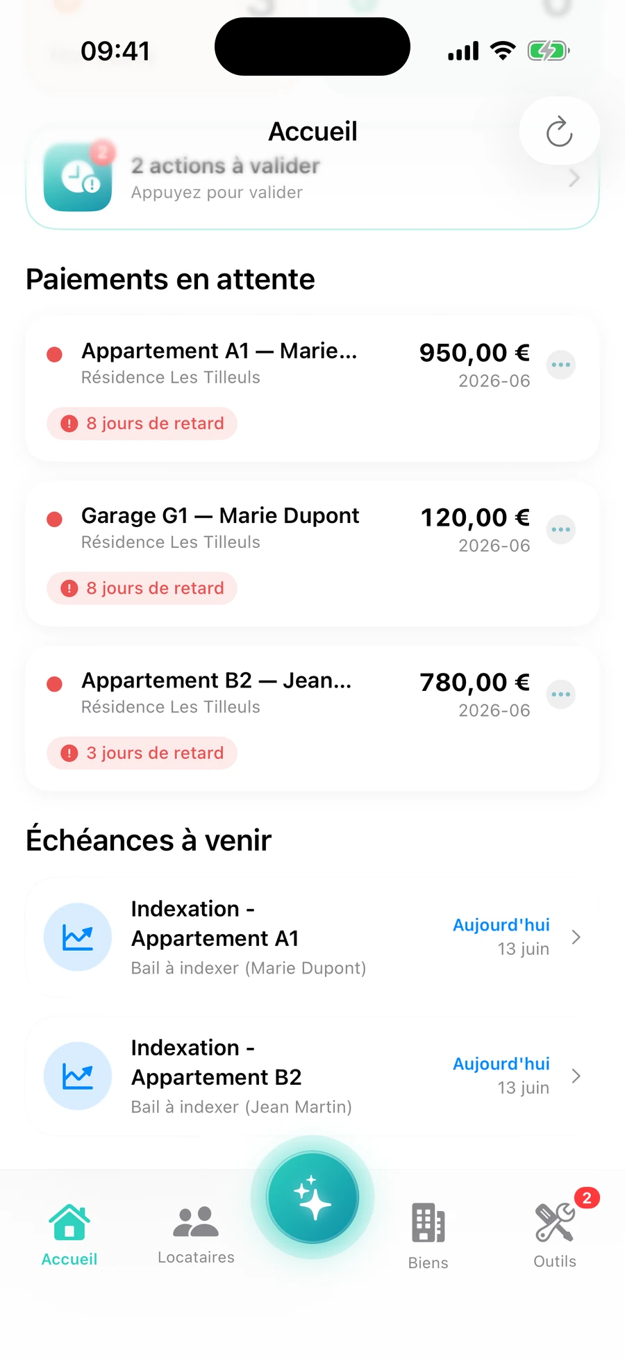 Écran d'accueil de l'app RentFlow : revenus du mois, loyers payés, paiements en attente dont un garage