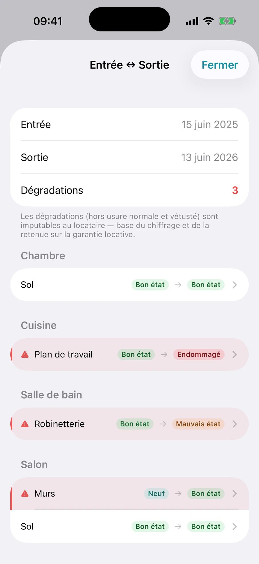 Écran Comparaison entrée/sortie de l'état des lieux RentFlow : chaque pièce notée à l'entrée et à la sortie, dégradations chiffrées pour la retenue sur la garantie.
