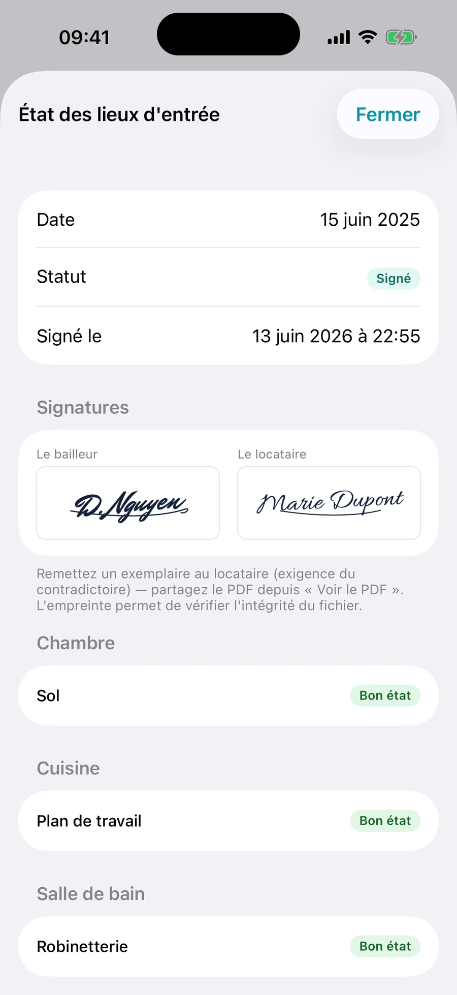 Écran Signatures de l'état des lieux RentFlow : le bailleur et le locataire signent à la main dans l'app, conférant une valeur probatoire au rapport.