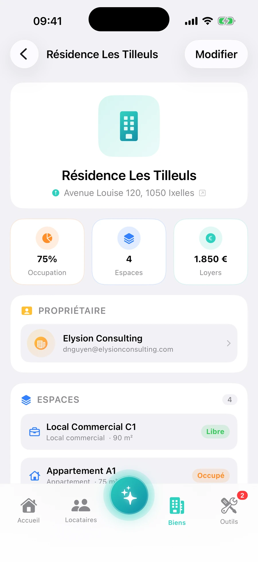 Écran Détail d'un bien de l'app RentFlow : taux d'occupation, espaces et revenus de l'immeuble