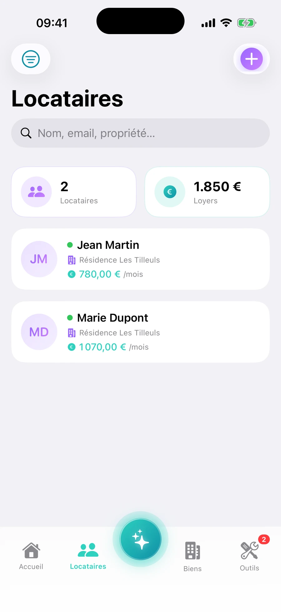 Écran Locataires de l'app RentFlow : liste des locataires avec loyers mensuels et statuts de paiement